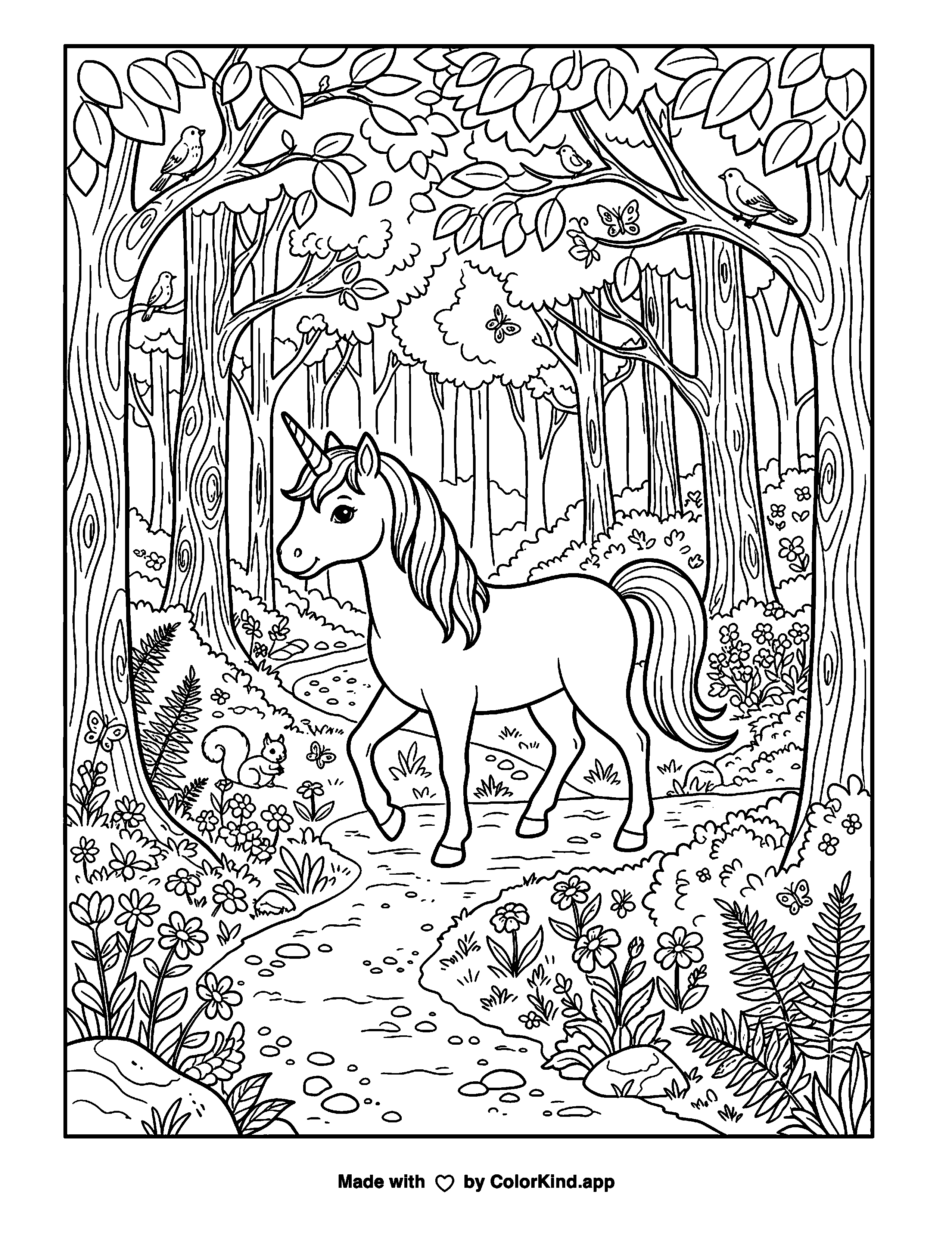 Unicorn in the Forest as a free printable coloring page reviewed by ColorKind