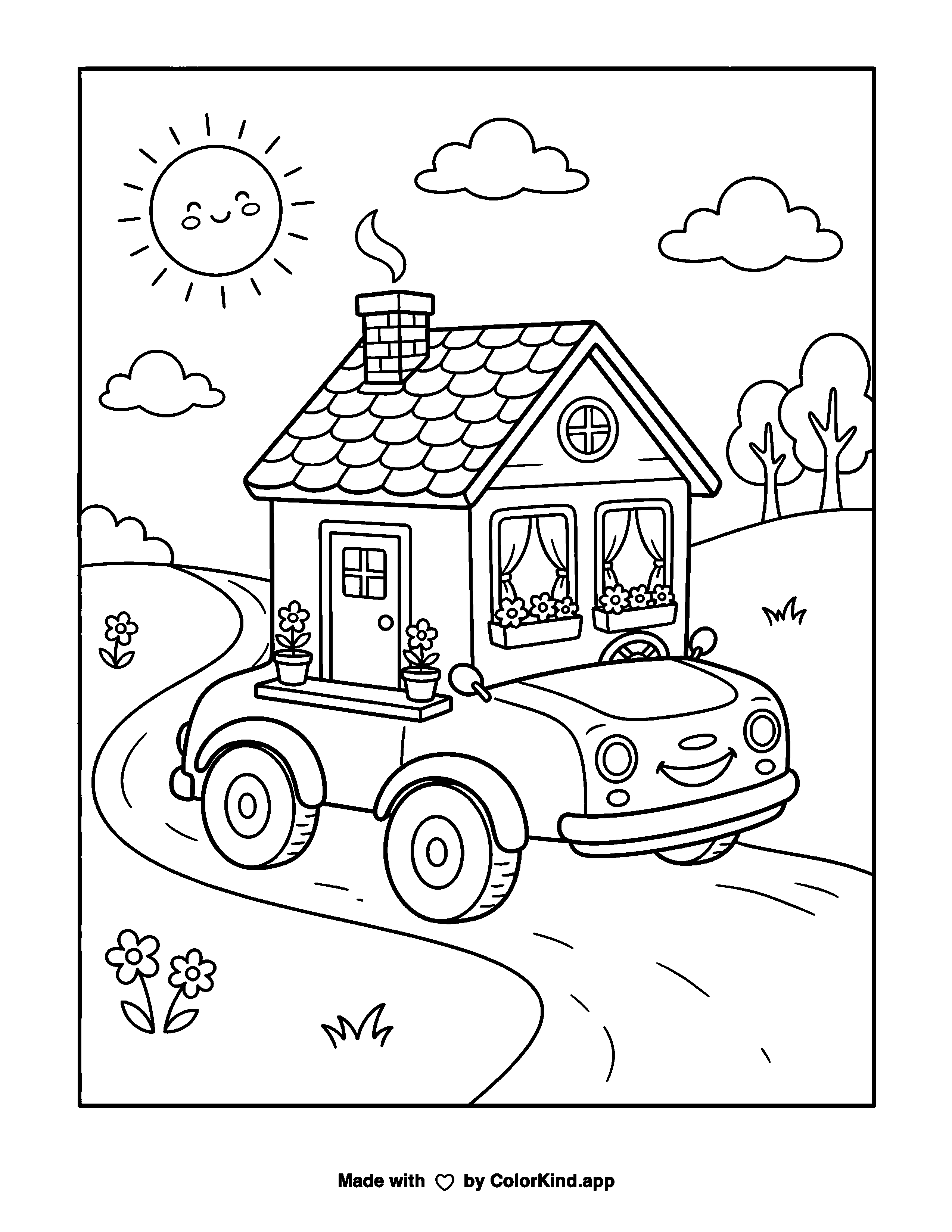 Whimsical mobile home vehicle coloring page as a free printable coloring page reviewed by ColorKind