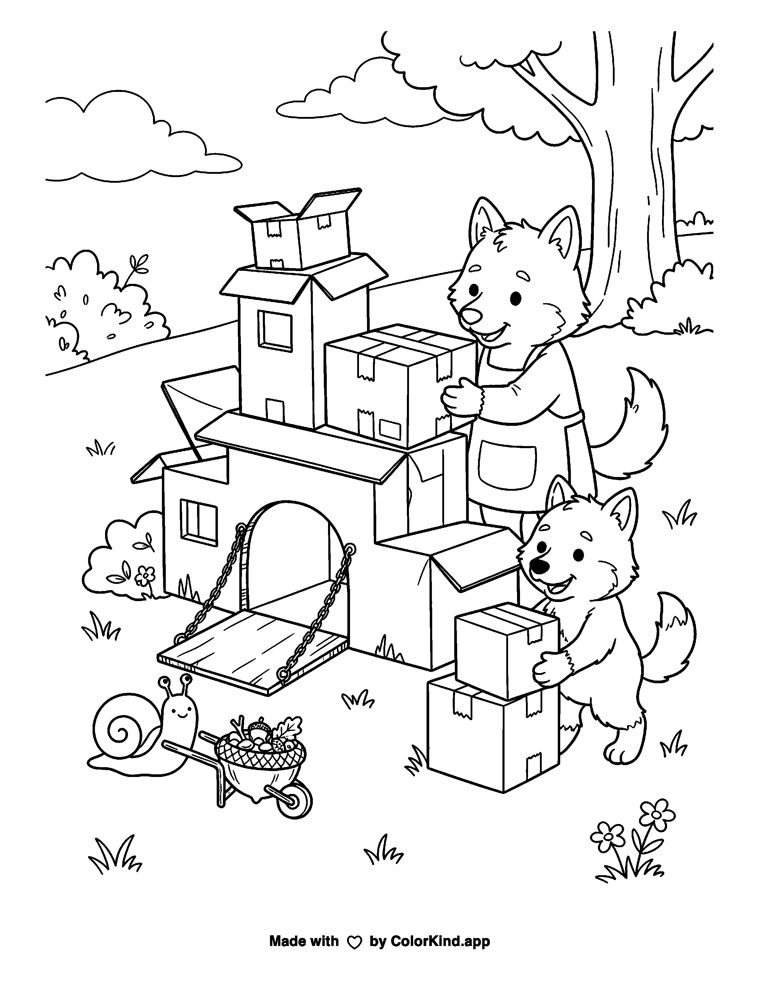 Wolf Cubs Building a Cardboard Castle as a free printable coloring page reviewed by ColorKind