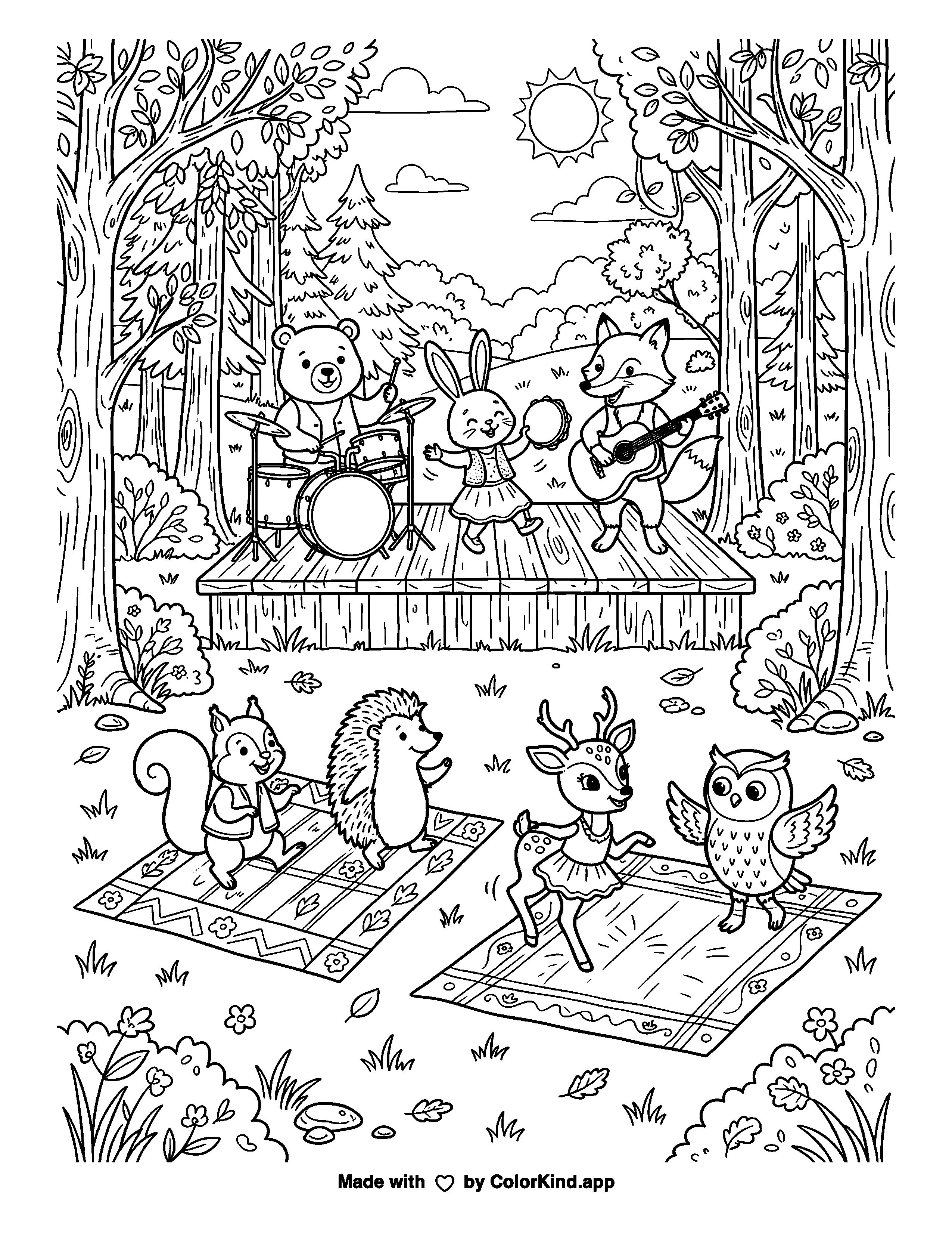 Woodland Band on the Picnic Stage as a free printable coloring page reviewed by ColorKind