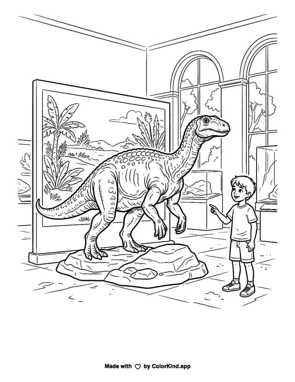 Child Observing Dinosaur Exhibit at Museum as clean black-and-white printable line art made by ColorKind
