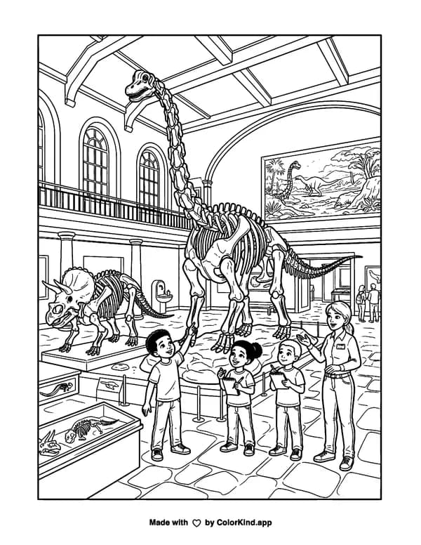 Museum Dinosaurs as clean black-and-white printable line art made by ColorKind