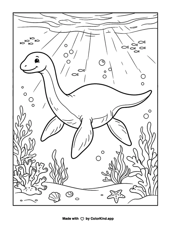 Plesiosaurus as clean black-and-white printable line art made by ColorKind