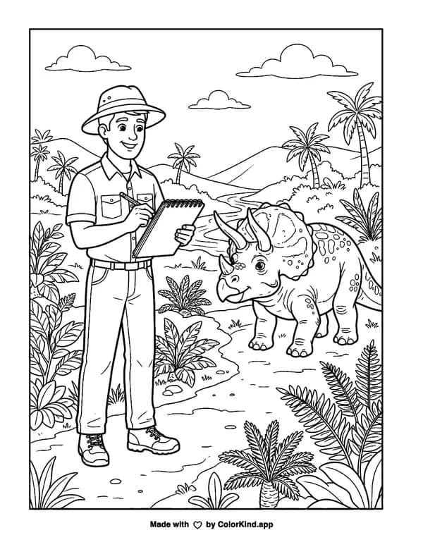 Explorer Observing a Triceratops as clean black-and-white printable line art made by ColorKind