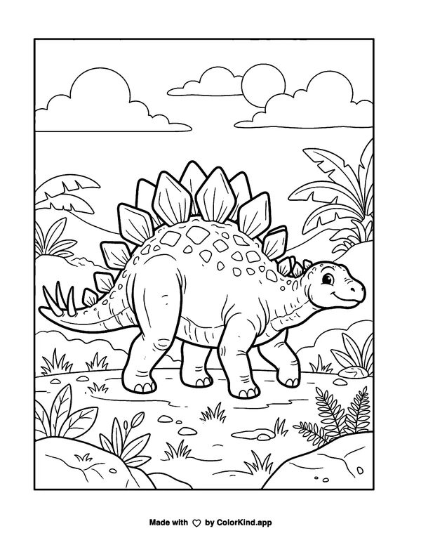 Stegosaurus as clean black-and-white printable line art made by ColorKind