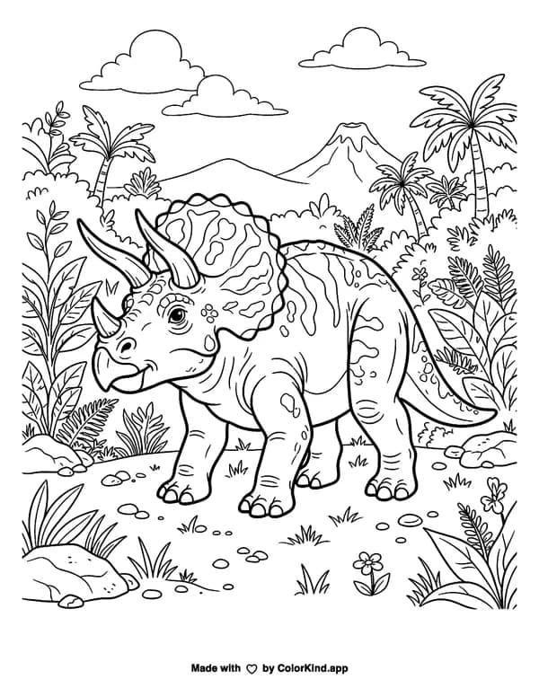 Triceratops as clean black-and-white printable line art made by ColorKind