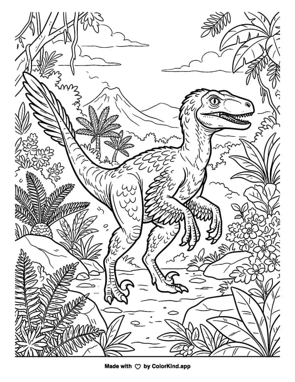 Velociraptor as clean black-and-white printable line art made by ColorKind