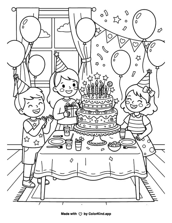 Two-Tiered Birthday Cake Celebration as clean black-and-white printable line art made by ColorKind