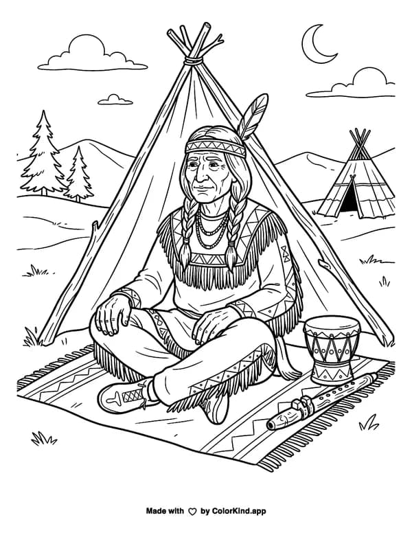 Chief Geronimo as clean black-and-white printable line art made by ColorKind