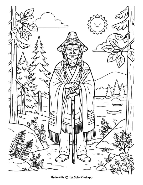 Chief Seattle as clean black-and-white printable line art made by ColorKind