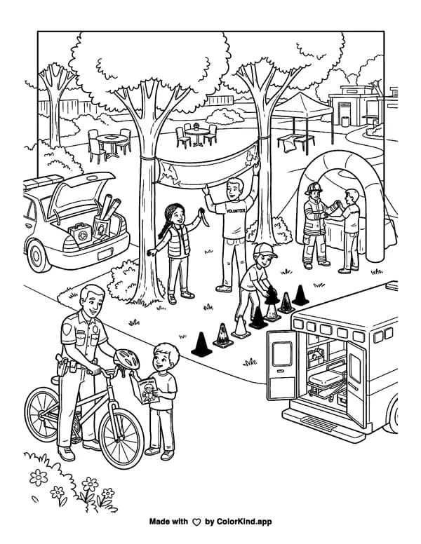 Community helpers preparing for a safety fair as clean black-and-white printable line art made by ColorKind