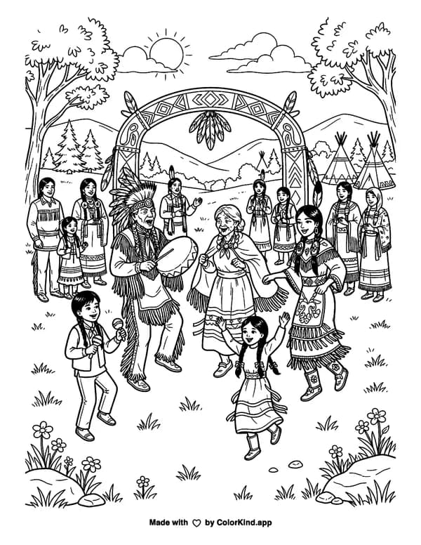 Indigenous Peoples Day as clean black-and-white printable line art made by ColorKind