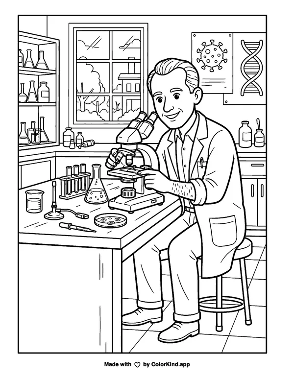 Jonas Salk as clean black-and-white printable line art made by ColorKind