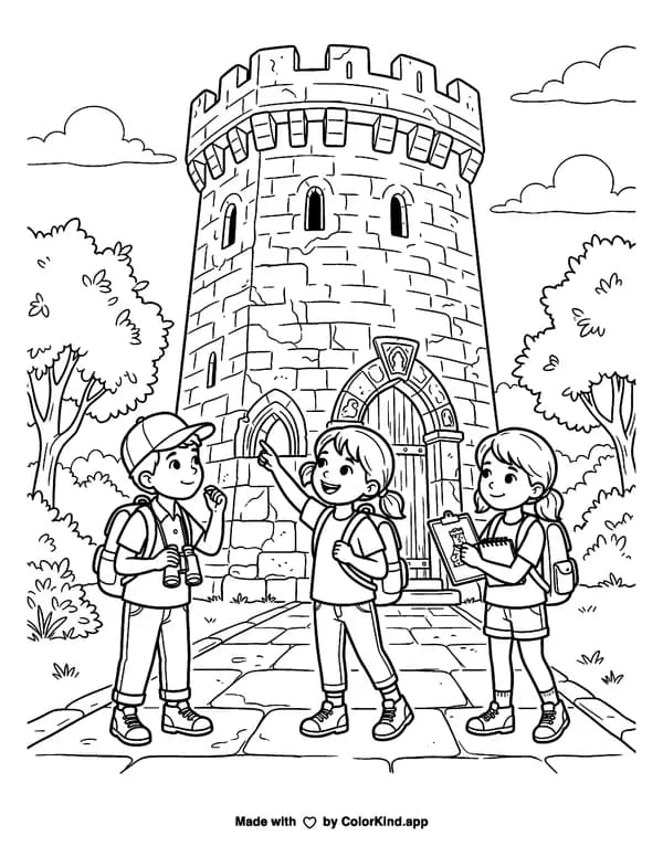 Local history explorers visiting a landmark as clean black-and-white printable line art made by ColorKind
