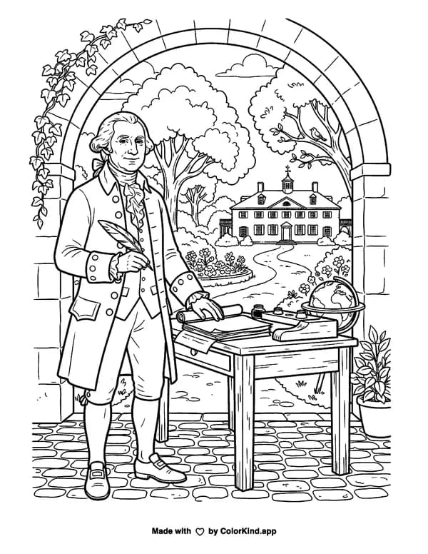 President George Washington as clean black-and-white printable line art made by ColorKind