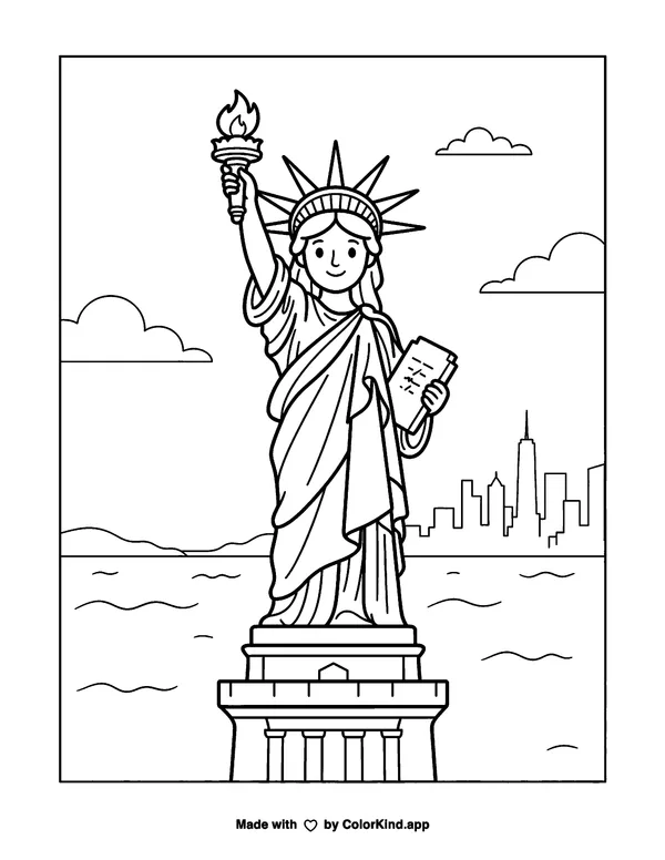 Statue of Liberty as clean black-and-white printable line art made by ColorKind