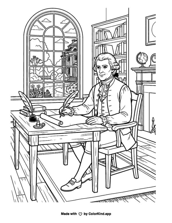 Thomas Jefferson as clean black-and-white printable line art made by ColorKind