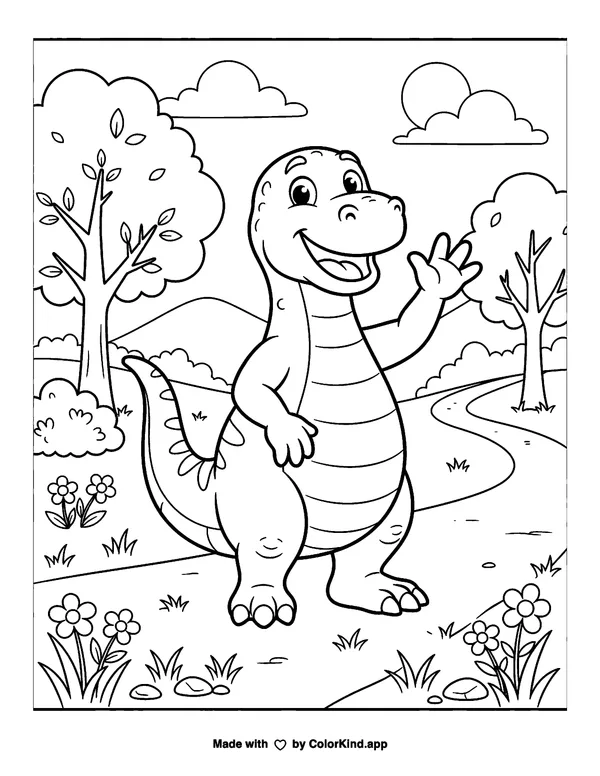 Cartoon dinosaur in the park as clean black-and-white printable line art made by ColorKind