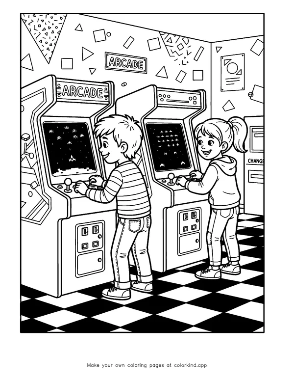 1980s Arcade Night as black-and-white printable coloring art