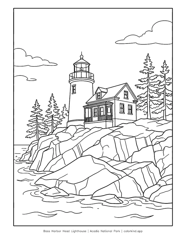 Bass Harbor Head Lighthouse above Acadia’s rocky coast in a black-and-white coloring illustration