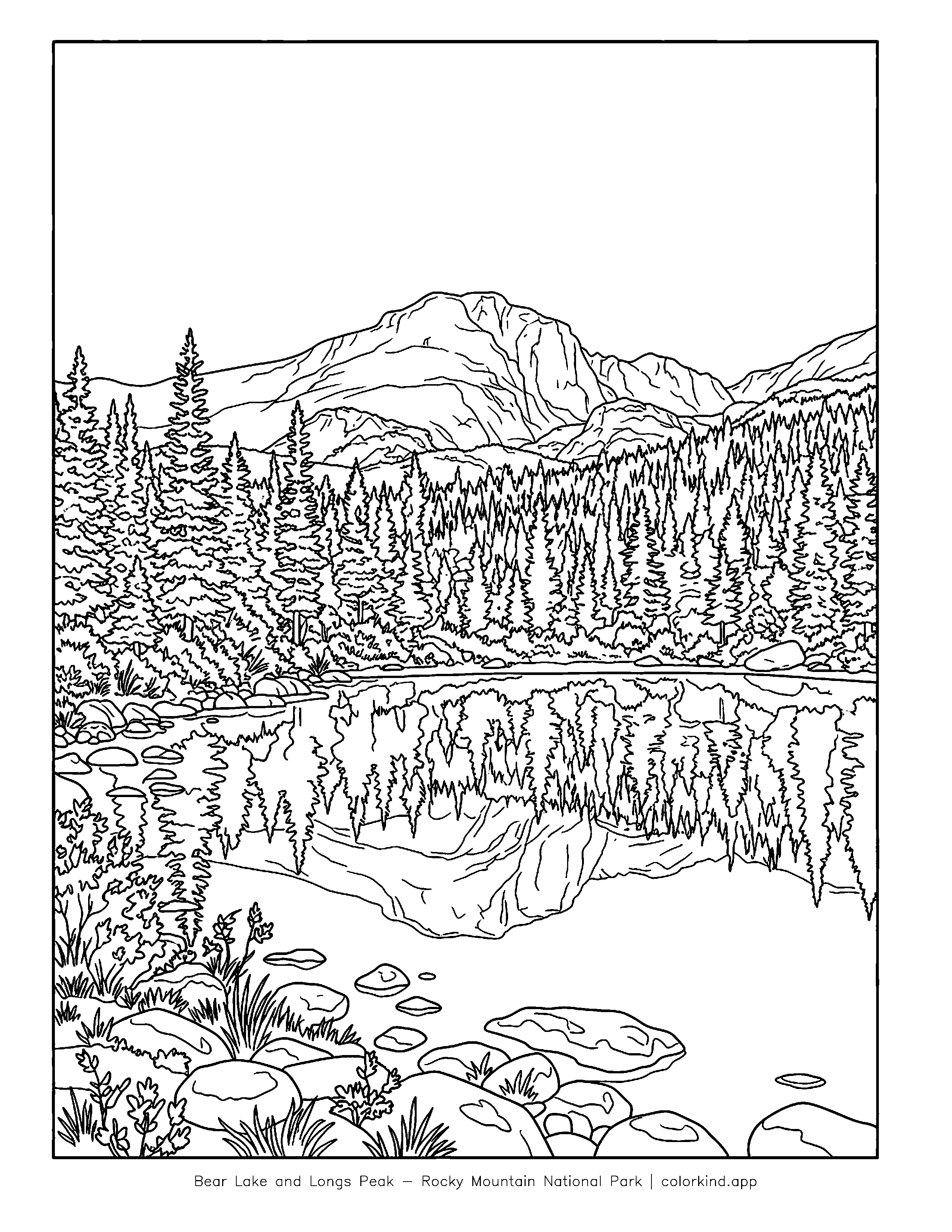 Bear Lake reflecting trees and the Longs Peak mountain skyline in a black-and-white coloring illustration