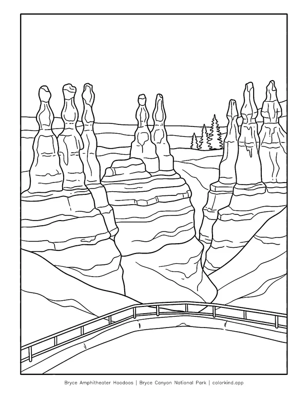 Groups of Bryce Canyon hoodoos below the amphitheater rim in a black-and-white coloring illustration