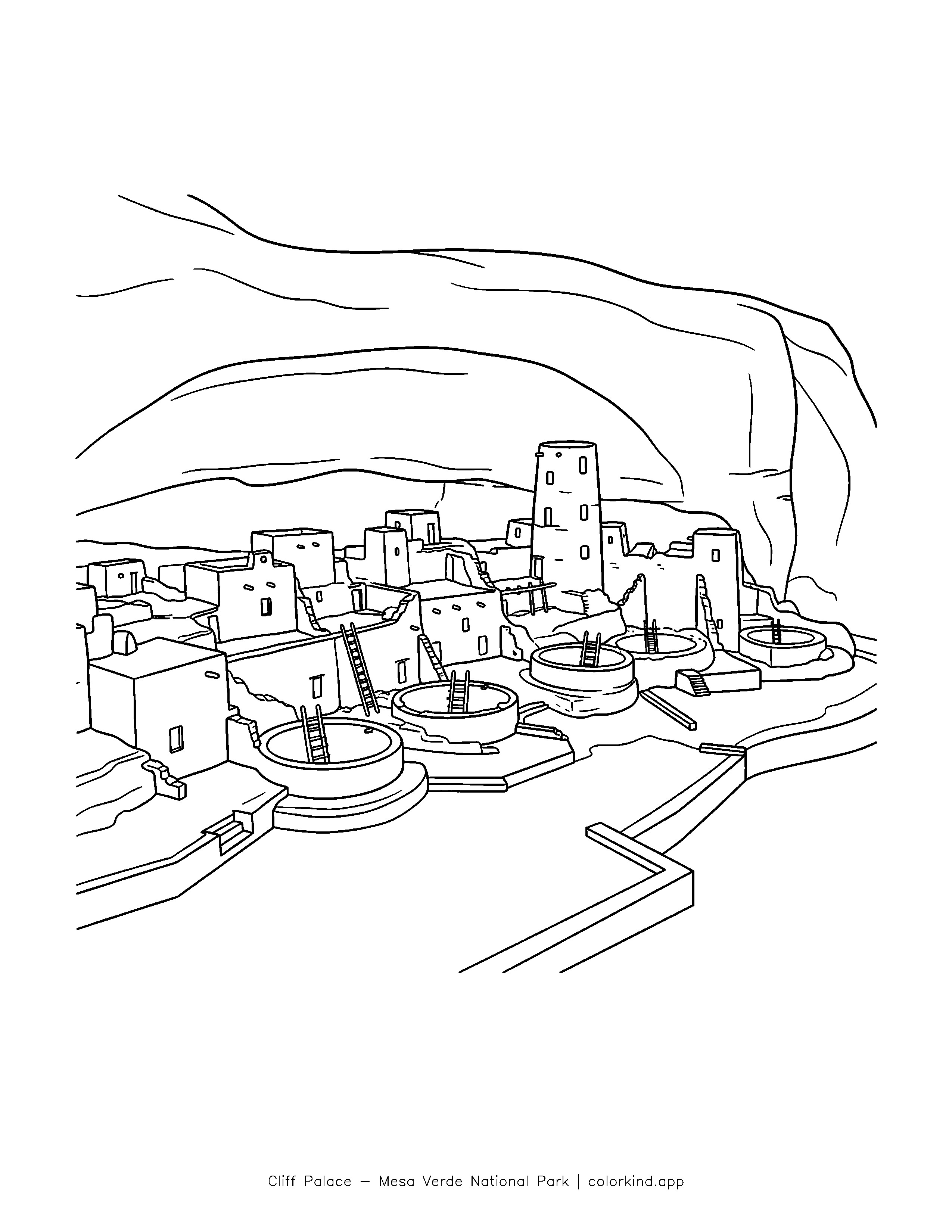 Cliff Palace stone dwellings beneath a sandstone overhang in a black-and-white coloring illustration
