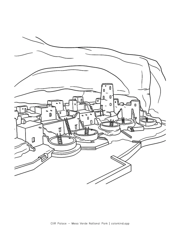 Cliff Palace stone dwellings beneath a sandstone overhang in a black-and-white coloring illustration