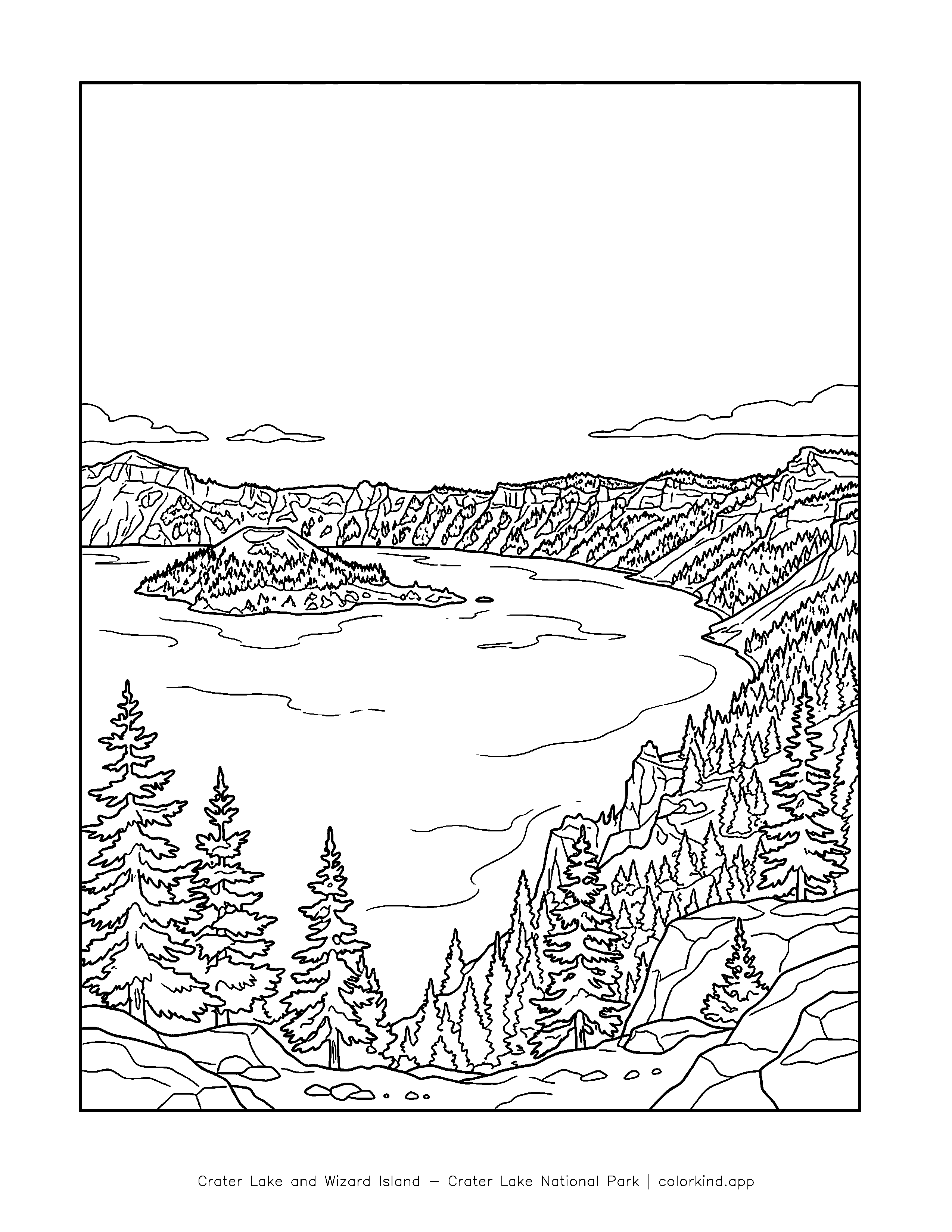 Wizard Island rising from Crater Lake below the surrounding rim in a black-and-white coloring illustration