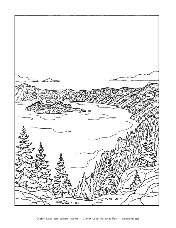 Wizard Island rising from Crater Lake below the surrounding rim in a black-and-white coloring illustration