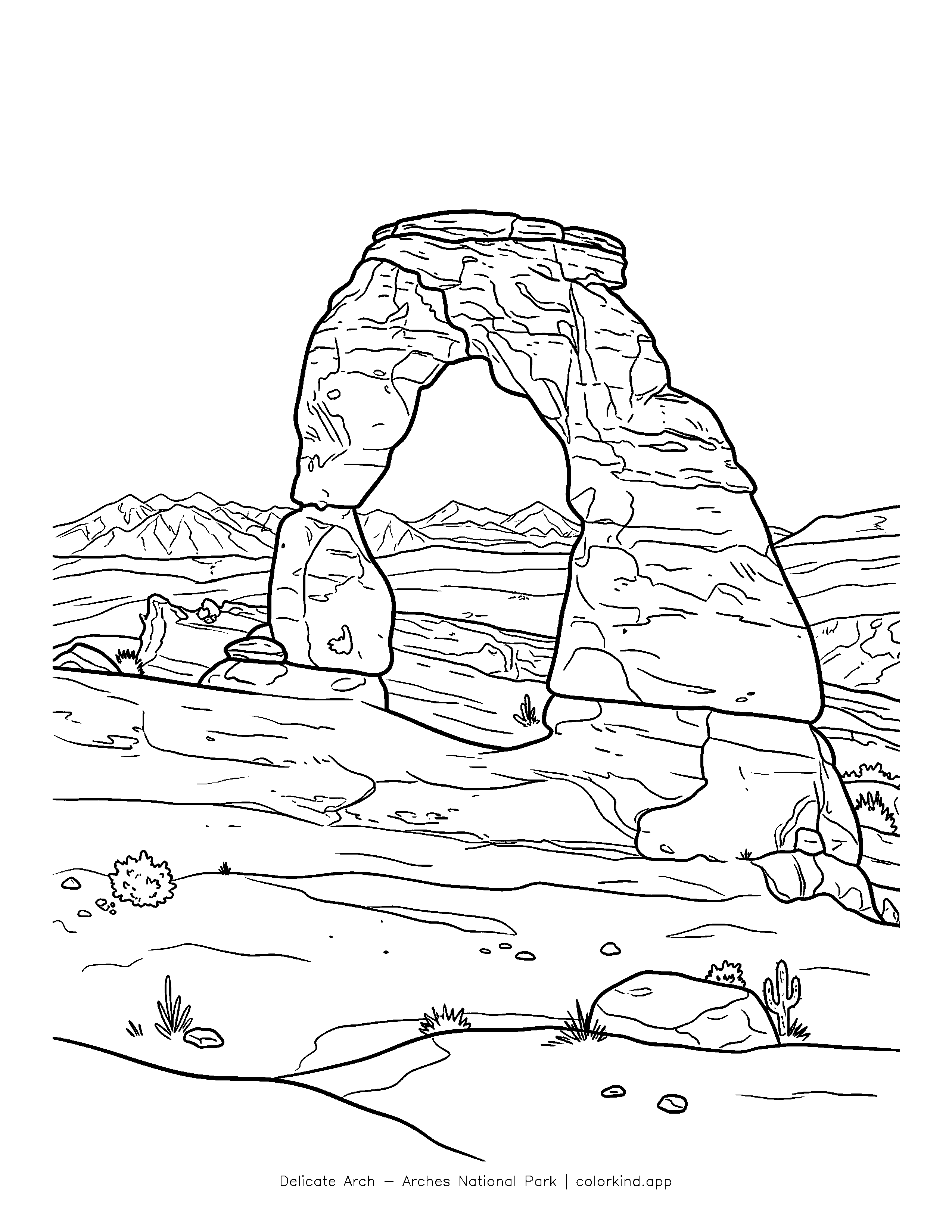 Delicate Arch above sloping sandstone with mountains in the distance in a black-and-white coloring illustration