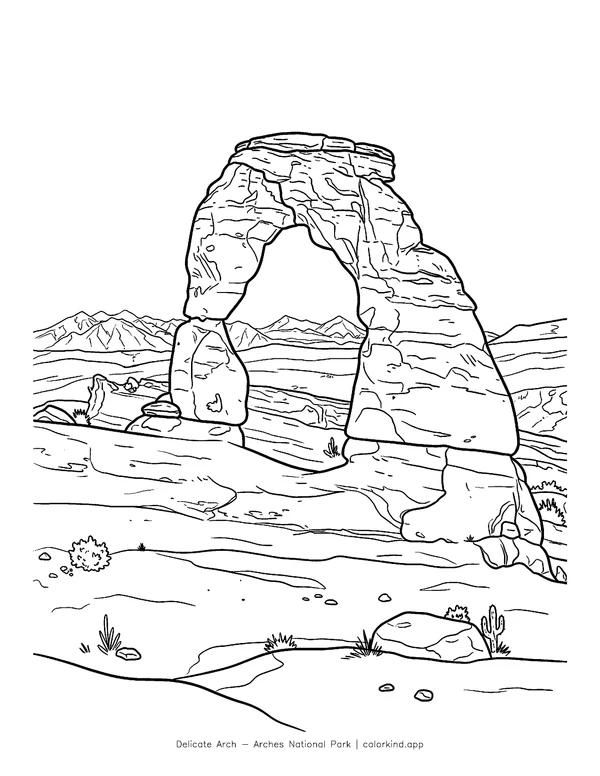 Delicate Arch above sloping sandstone with mountains in the distance in a black-and-white coloring illustration