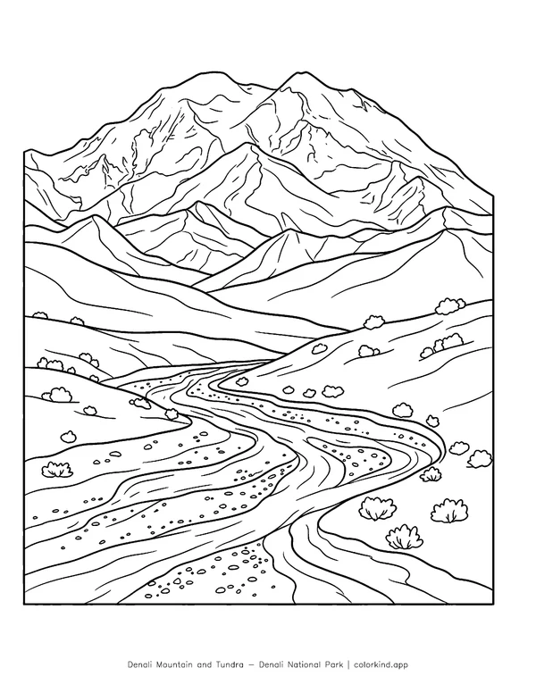 Snowy mountains and a braided river across Denali tundra in a black-and-white coloring illustration