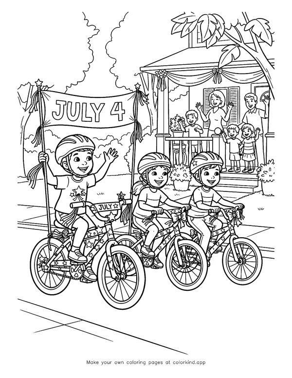 Fourth of July Bicycle Parade as black-and-white printable coloring art