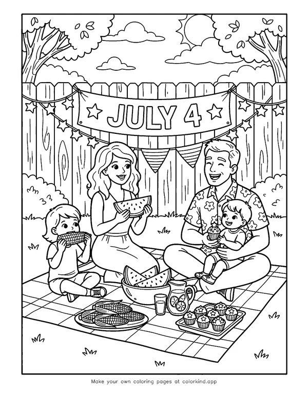Fourth of July Backyard Picnic as black-and-white printable coloring art