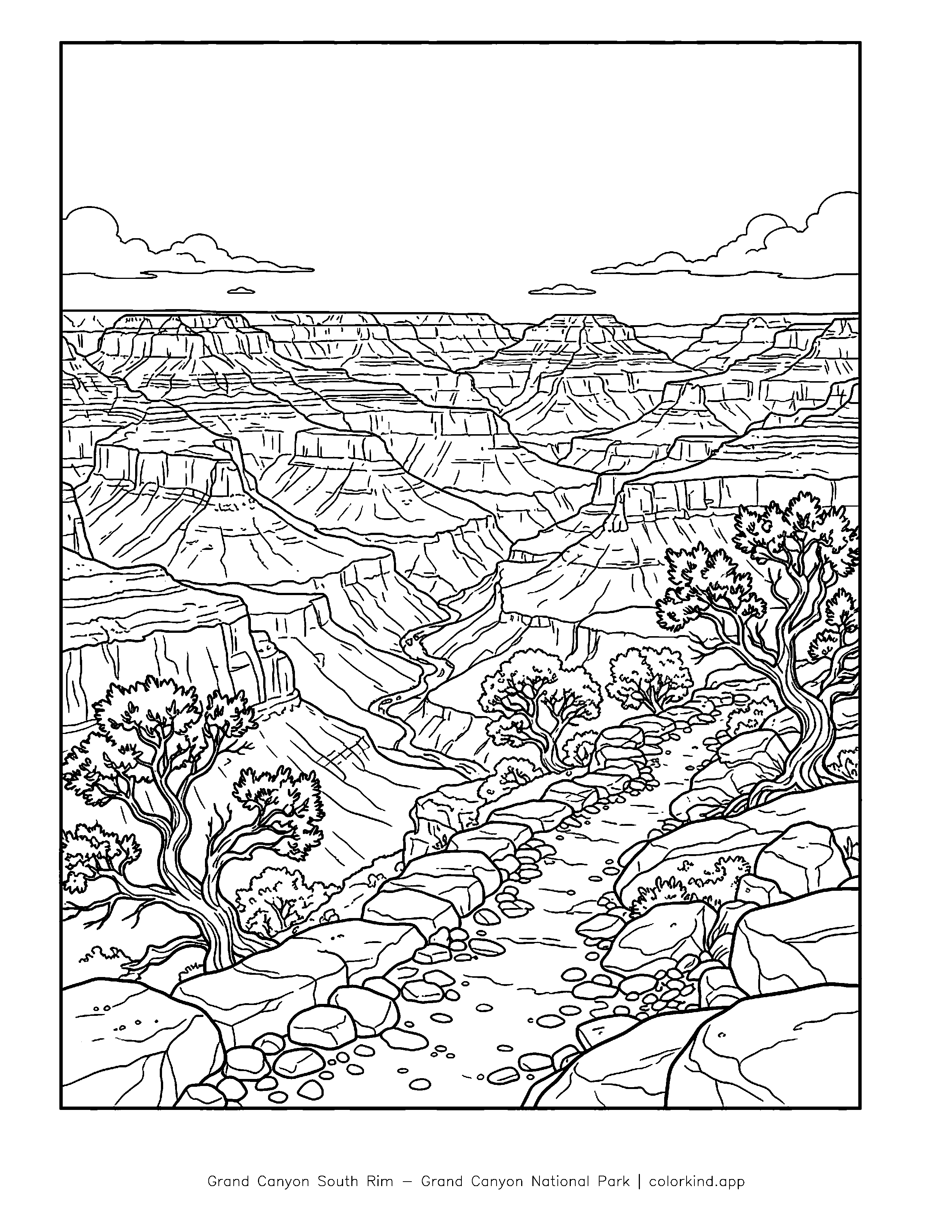 Layered Grand Canyon cliffs seen from the South Rim in a black-and-white coloring illustration