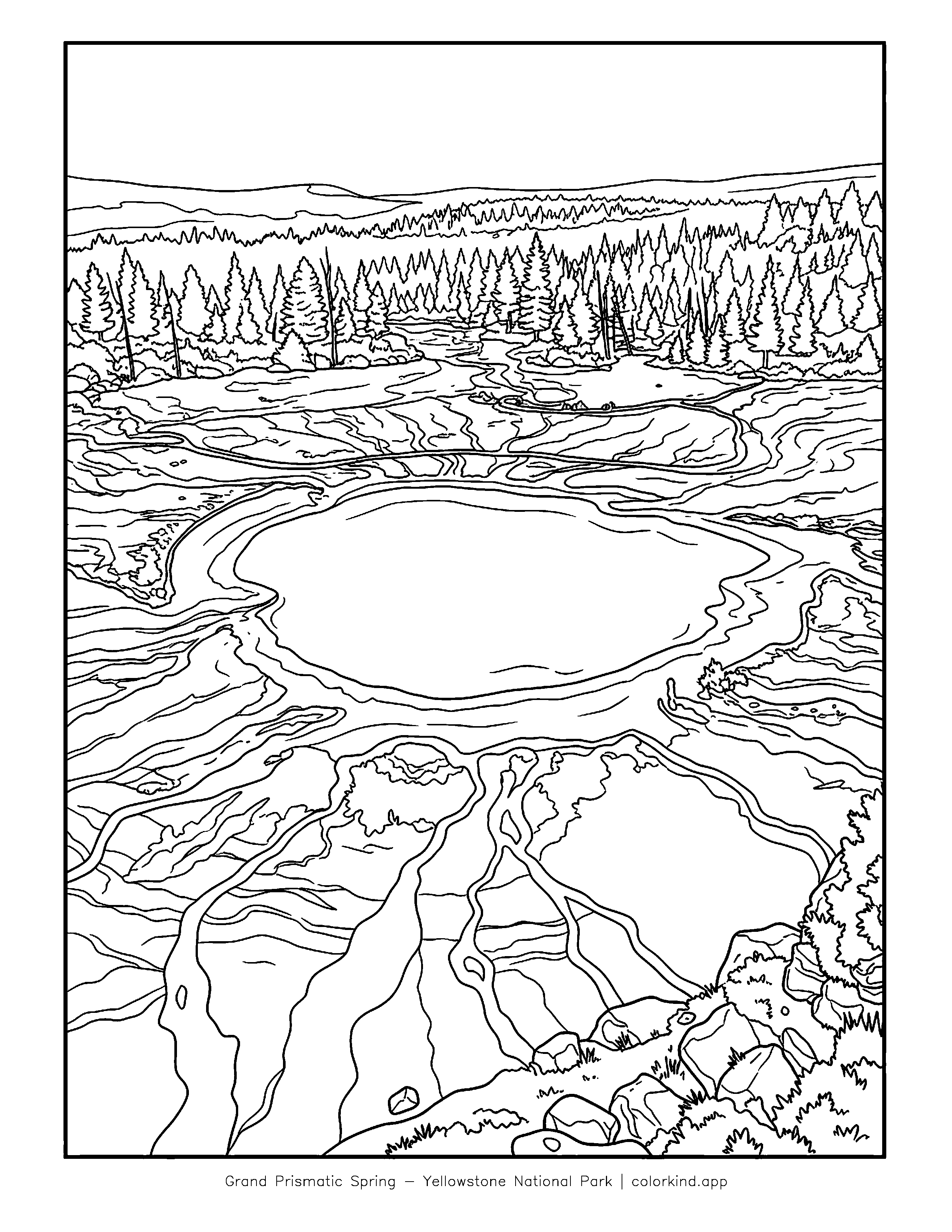 Grand Prismatic Spring seen from above with wide surrounding bands in a black-and-white coloring illustration