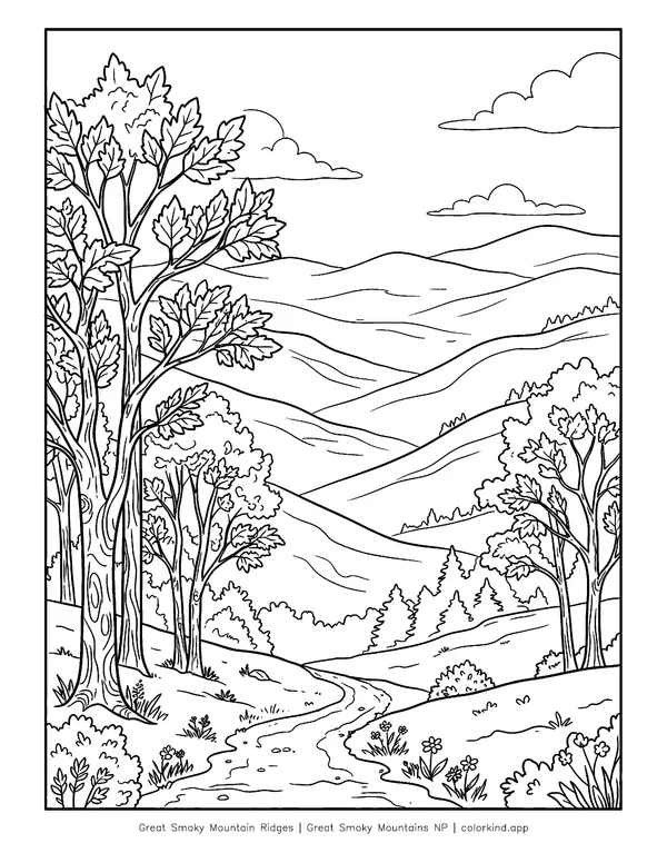 Overlapping forested ridges in the Great Smoky Mountains in a black-and-white coloring illustration