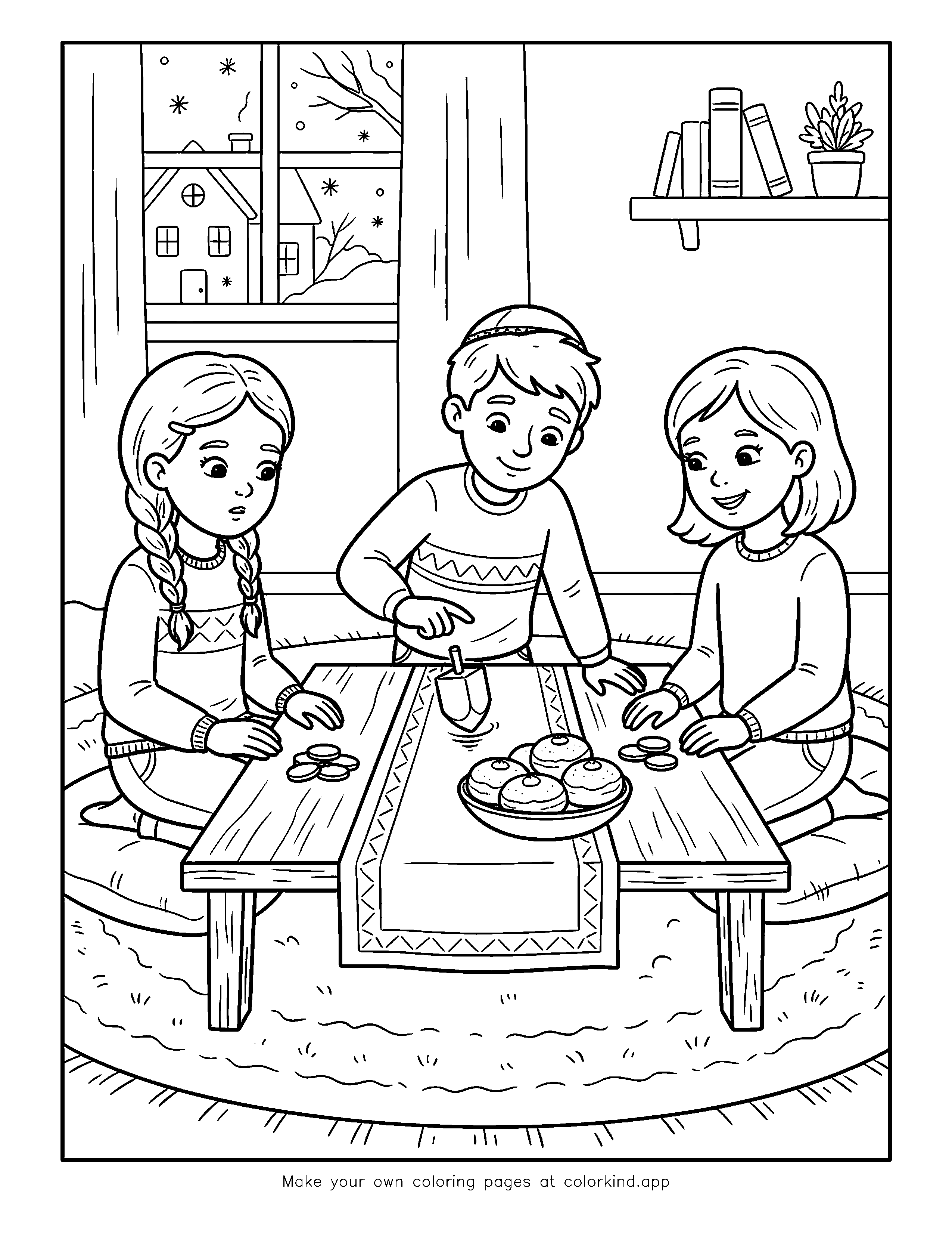 Family Hanukkah Dreidel Game as black-and-white printable coloring art