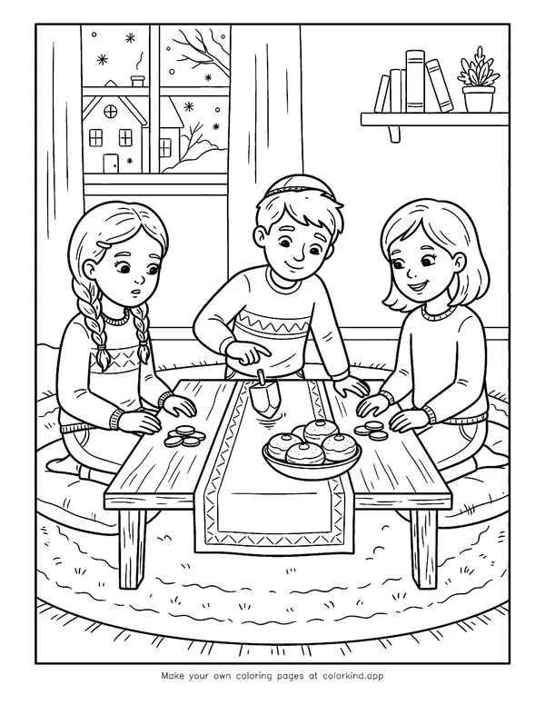 Family Hanukkah Dreidel Game as black-and-white printable coloring art