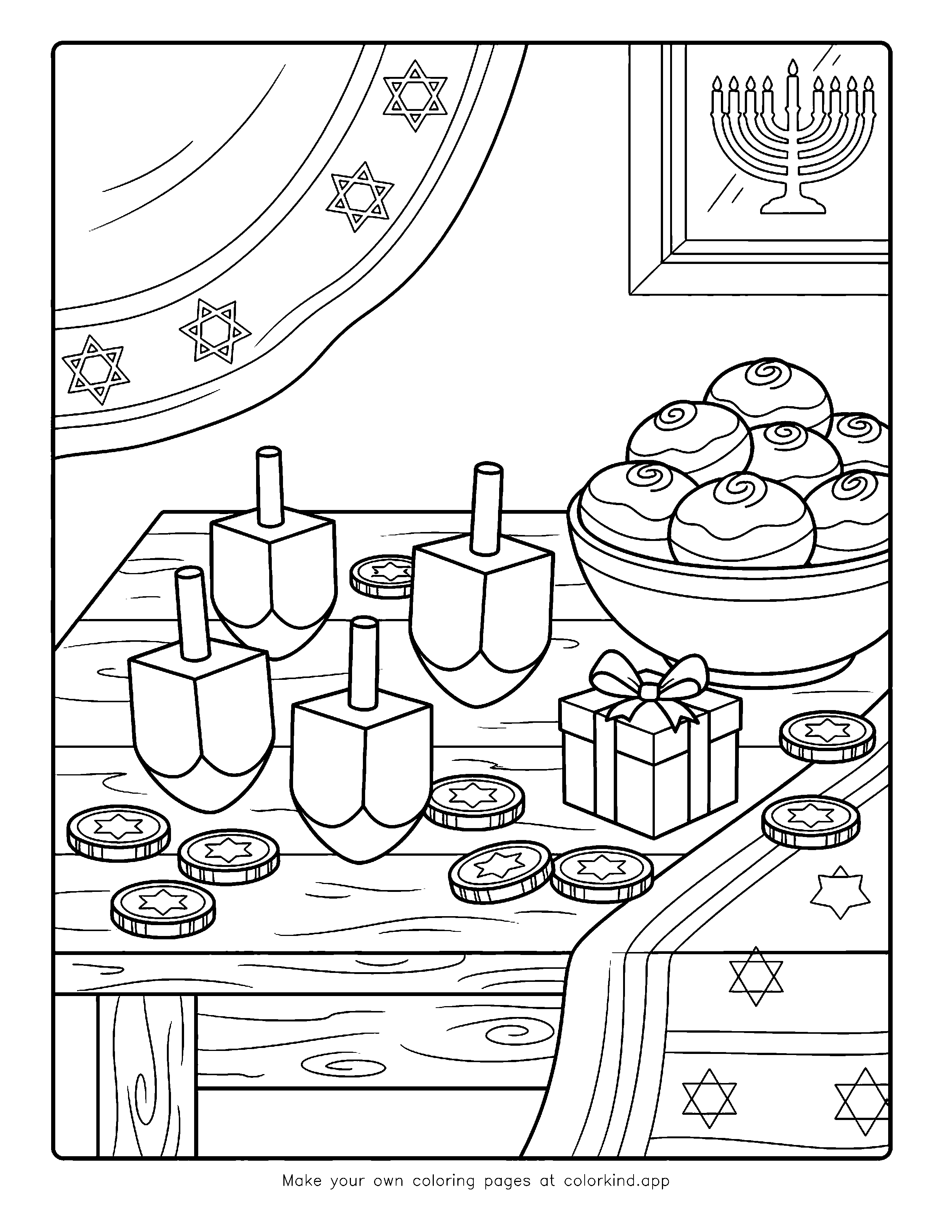 Hanukkah Dreidels and Gelt as black-and-white printable coloring art
