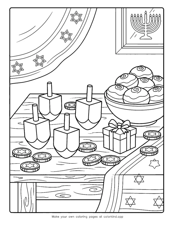 Hanukkah Dreidels and Gelt as black-and-white printable coloring art