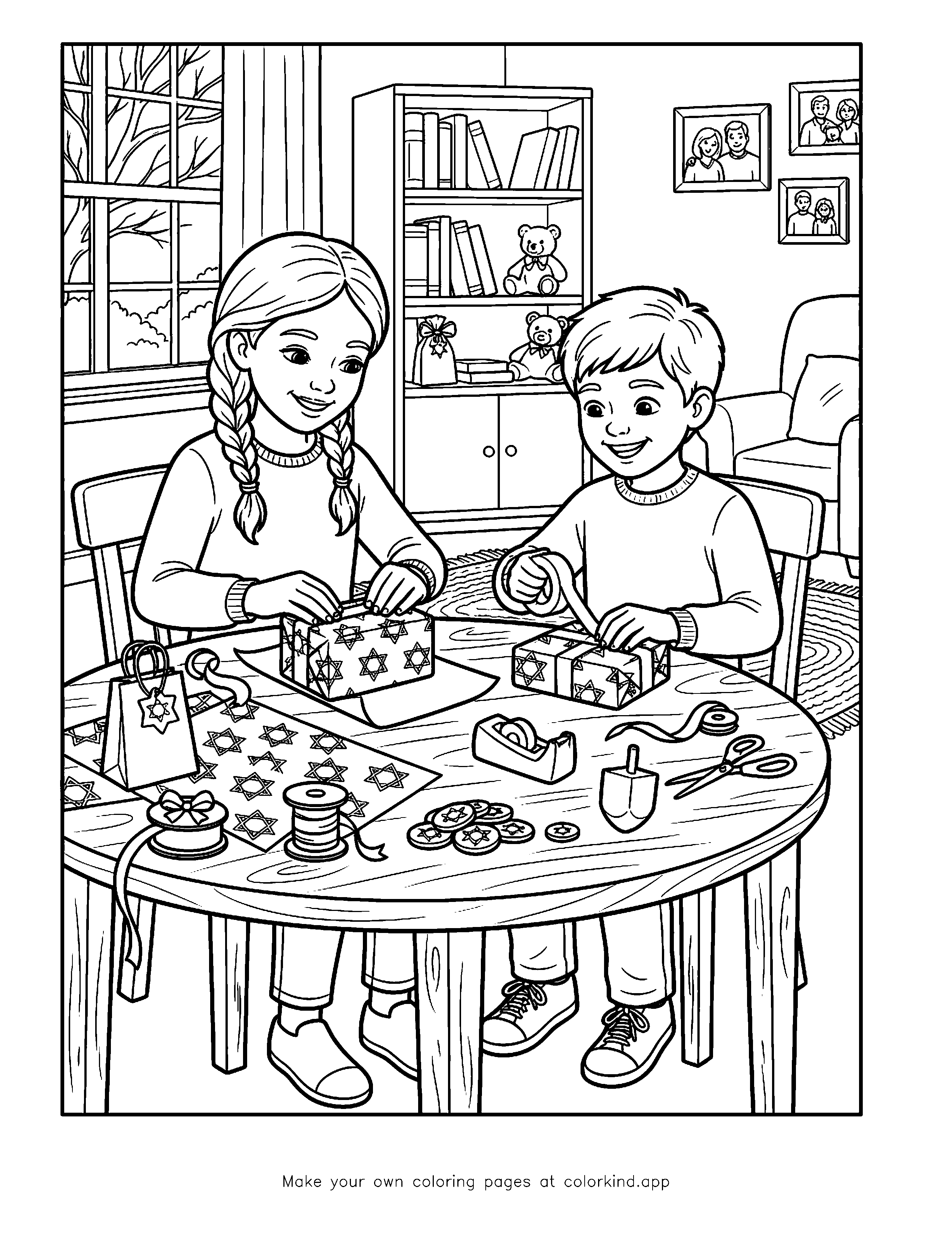 Wrapping Hanukkah Gifts as black-and-white printable coloring art