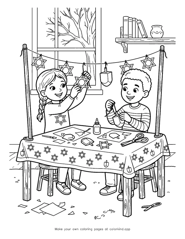 Making Hanukkah Paper Decorations as black-and-white printable coloring art