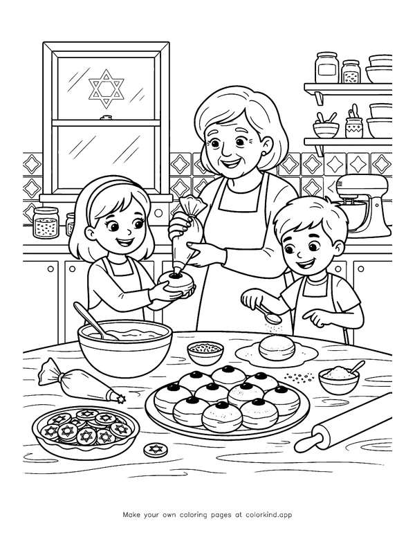 Decorating Hanukkah Sufganiyot as black-and-white printable coloring art
