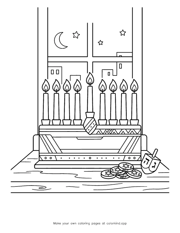 Hanukkah Lights in the Window as black-and-white printable coloring art