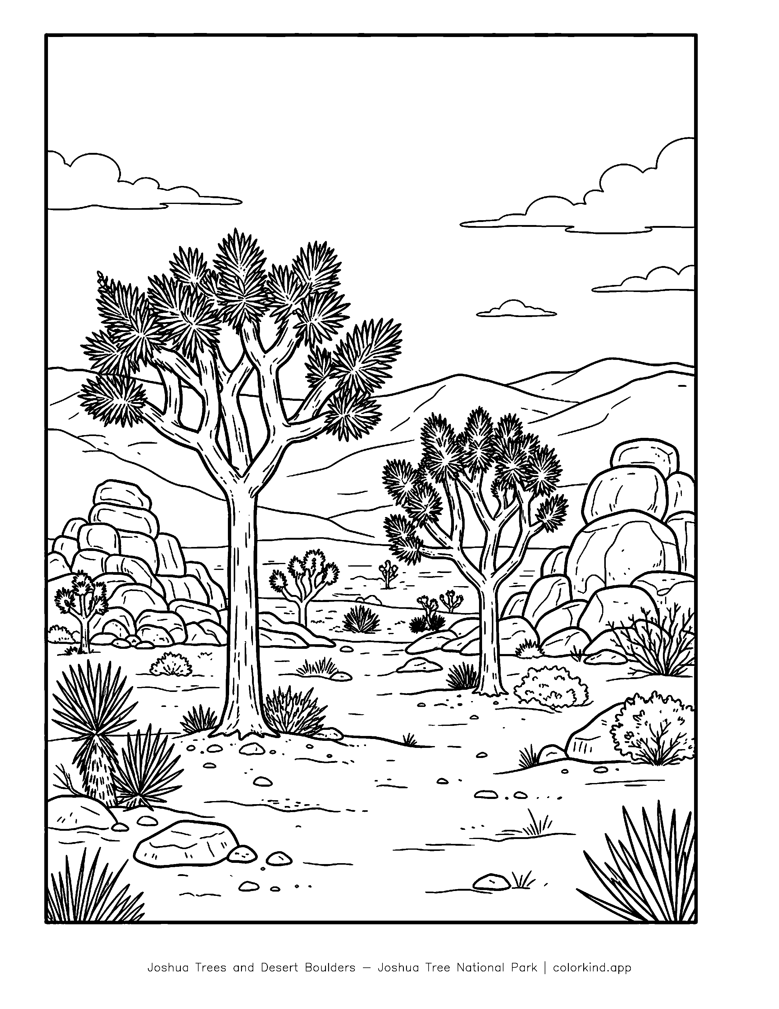 Branching Joshua trees among rounded desert boulders in a black-and-white coloring illustration