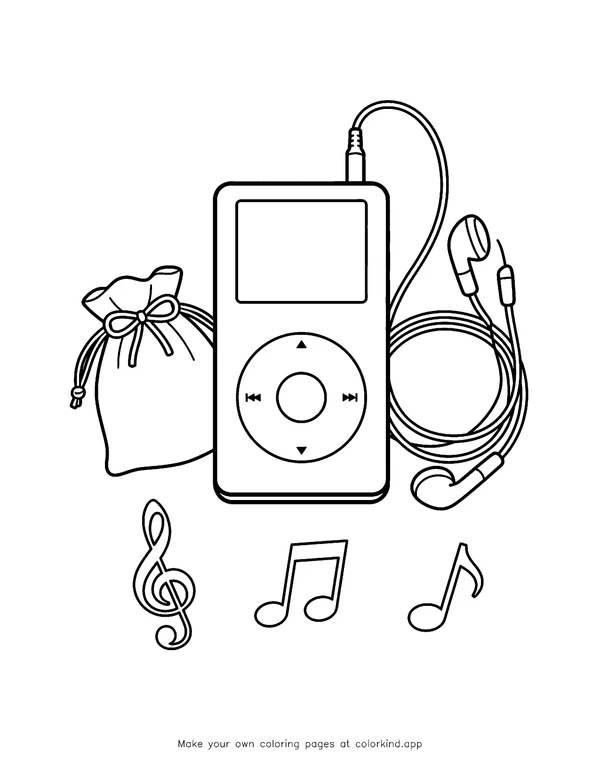 MP3 Player and Earbuds as black-and-white printable coloring art