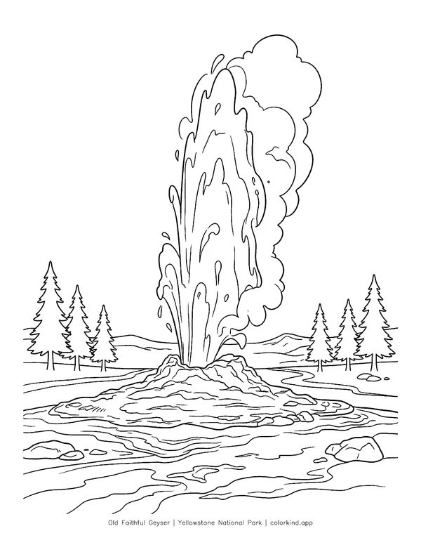 Old Faithful erupting above a mineral basin and distant trees in a black-and-white coloring illustration
