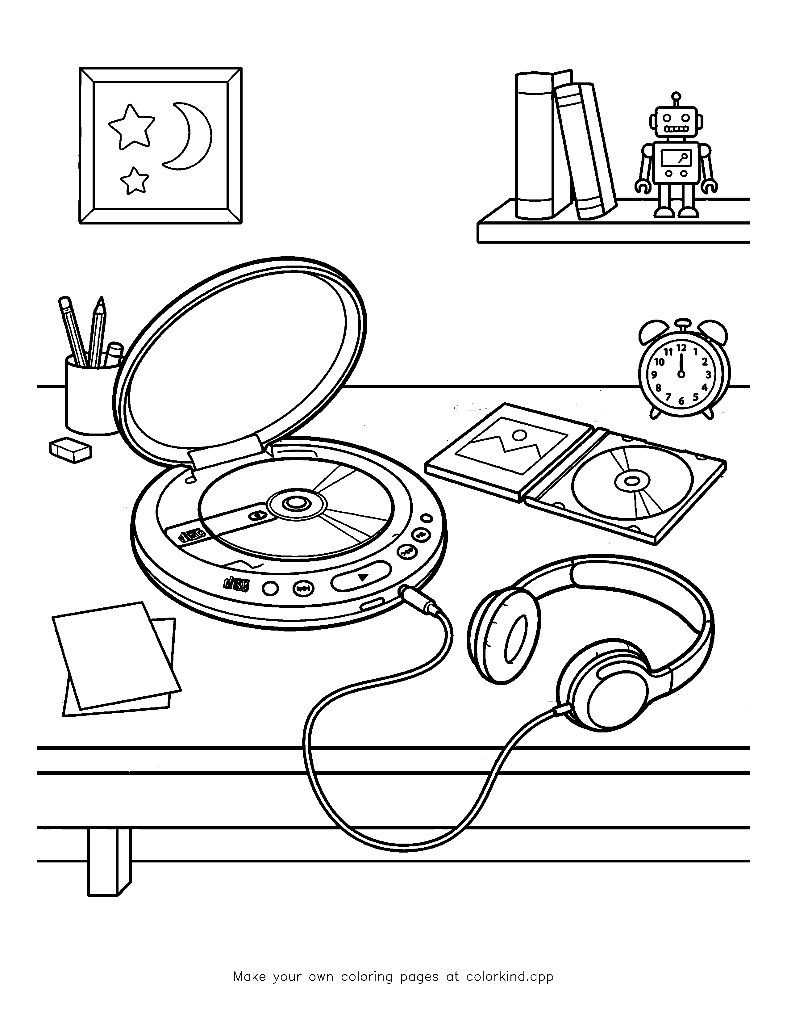 Portable CD Player and Headphones as black-and-white printable coloring art
